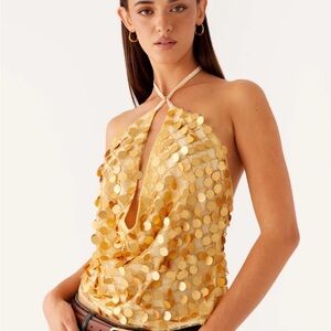 Peppermayo Gold Sequin Halter Cowl Neck Camisole